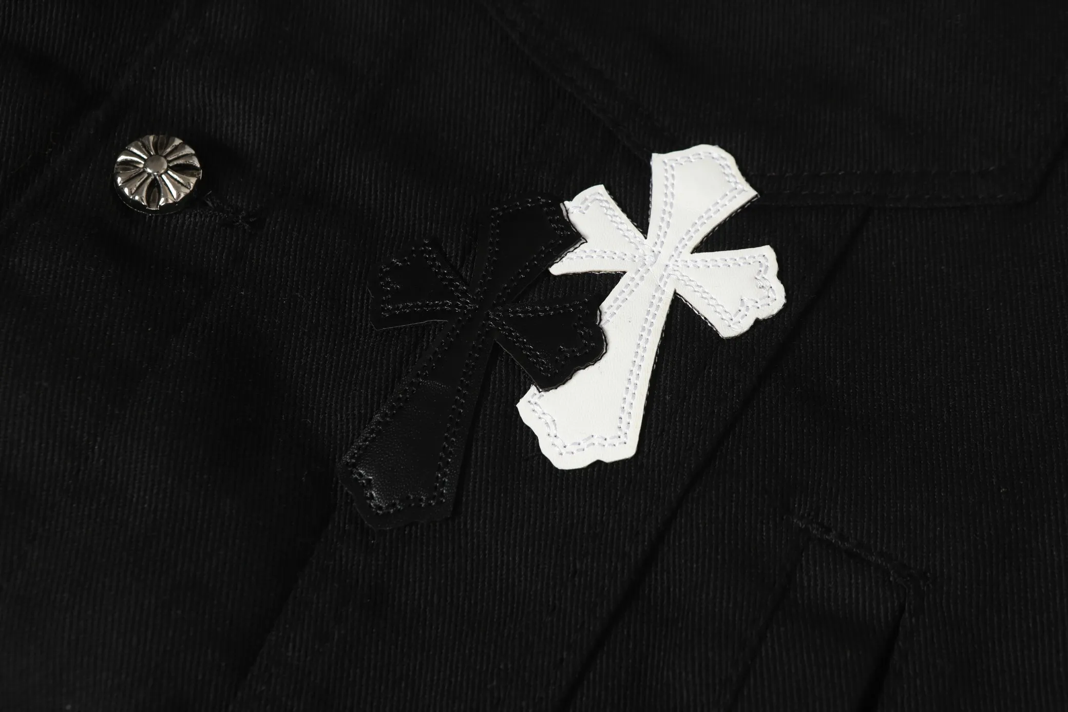 P360 Chrome Hearts 25ss patchwork leather cross patchwork embroidered shirt denim jacket Color: Picture color Size: M-3XL